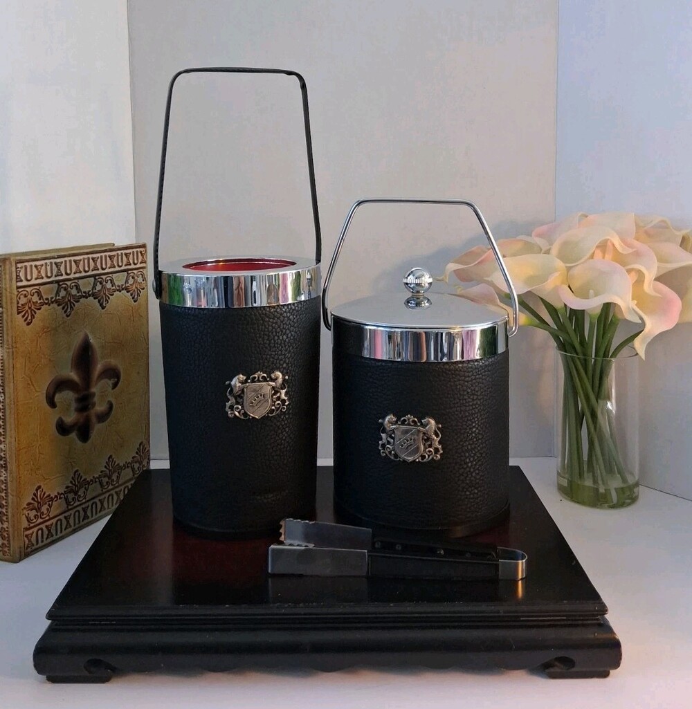 Japanese Heraldic Crest Bar Set - 3 Pc Cooler, Tongs & Rare Red Liners